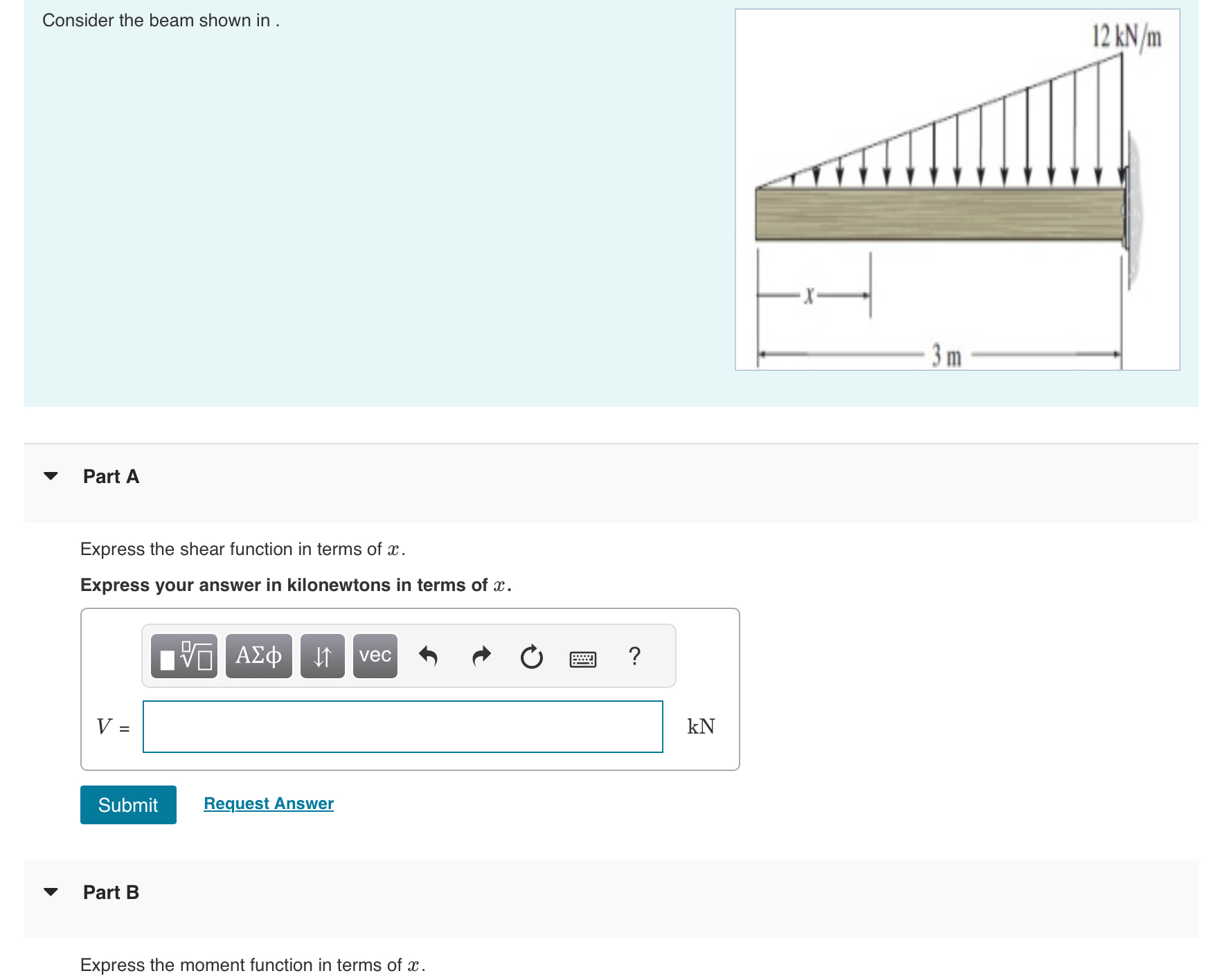 Consider the beam shown in . Part A Express the
