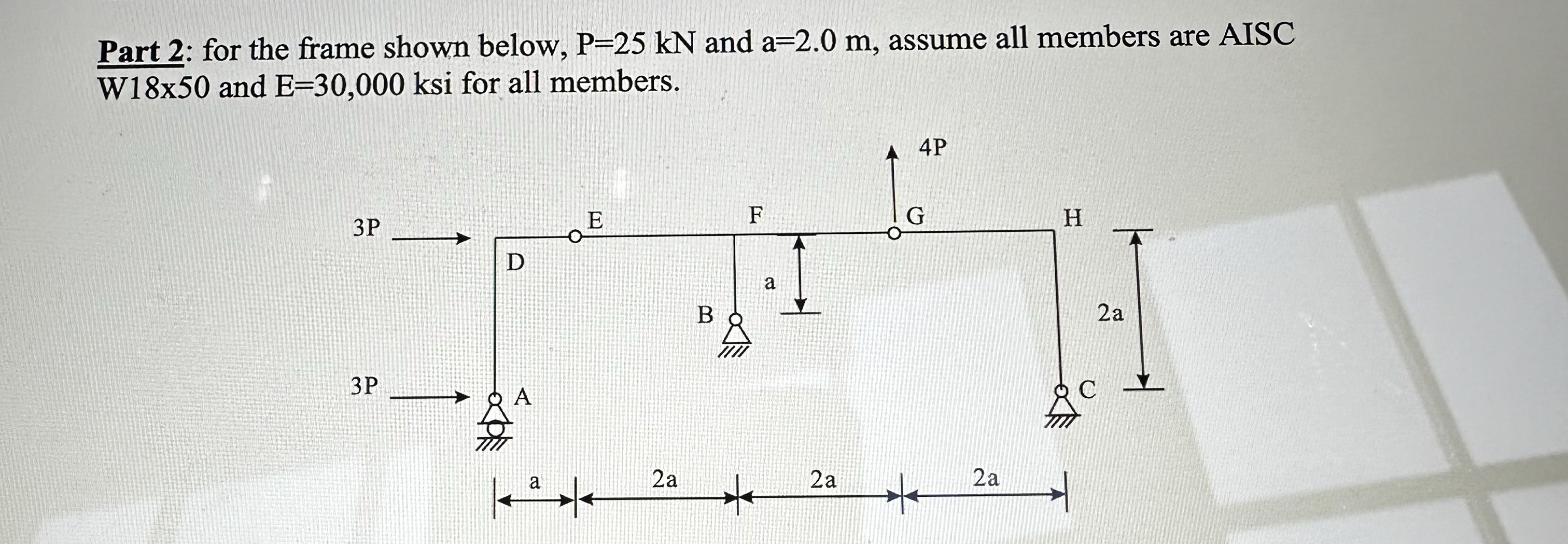 Part 2 : for the frame shown below, P = 2 5 k N