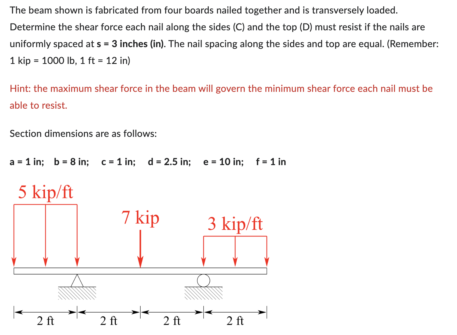 The beam shown is fabricated from four boards