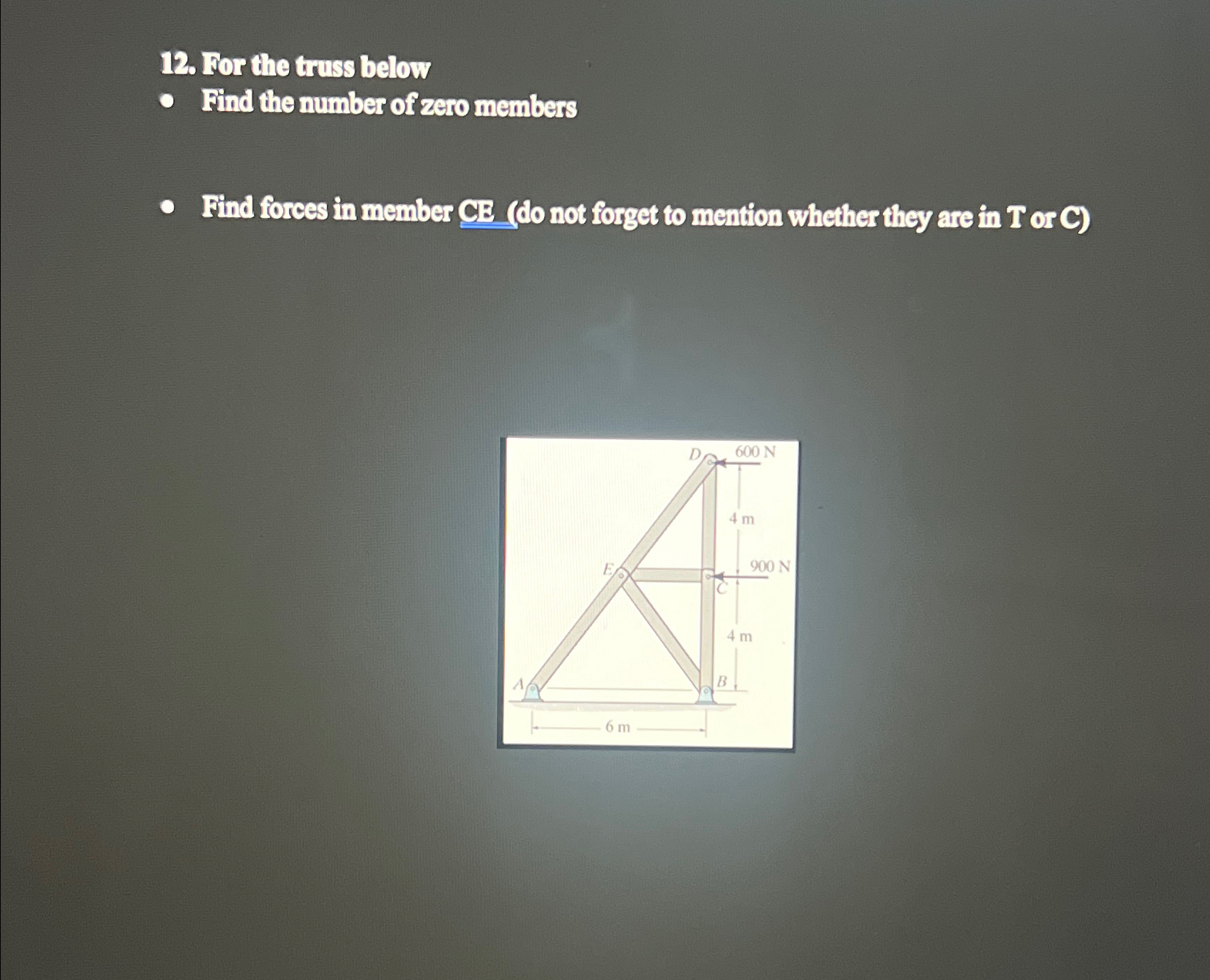 Dor the truss below Find the number of zero