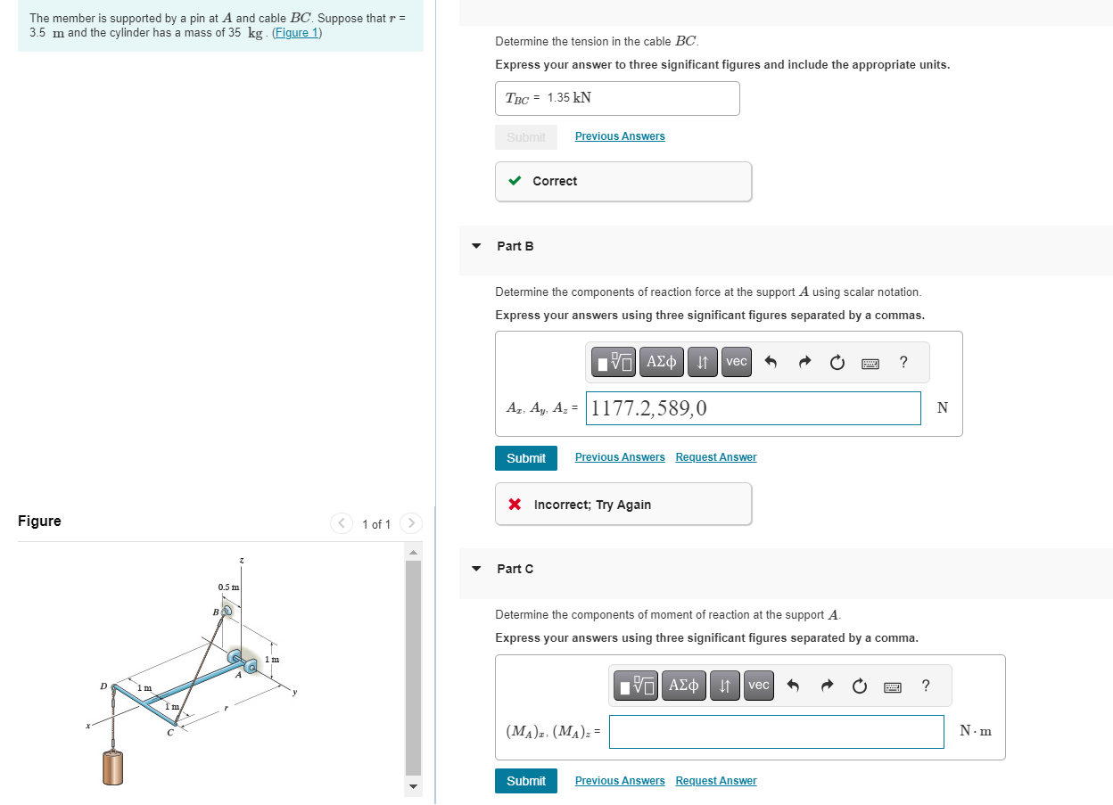 The member is supported by a pin at A and cable B