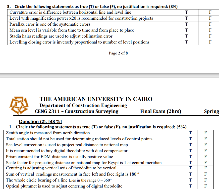 Circle the following statements as true ( T ) or