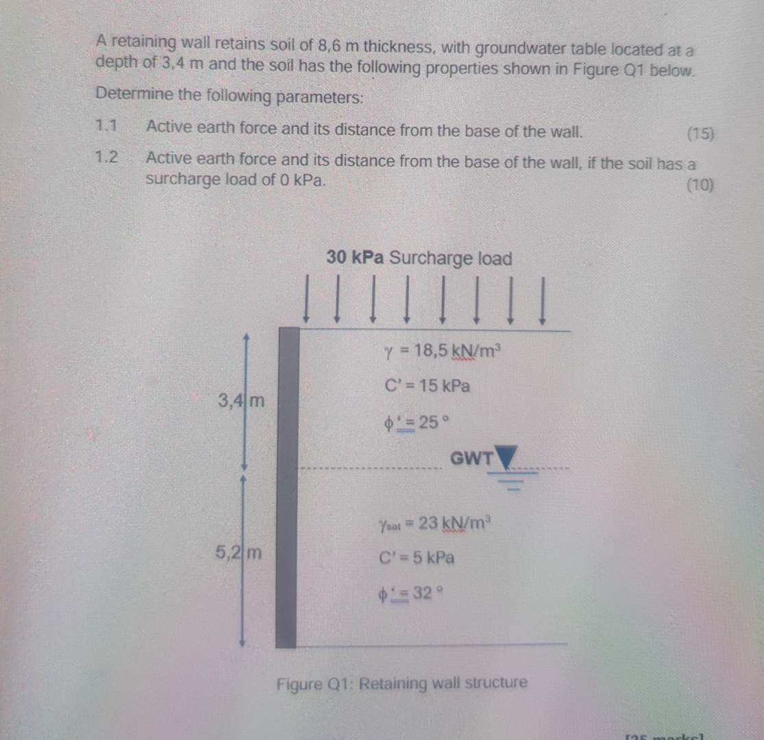 A retaining wall retains soil of 8 , 6 m