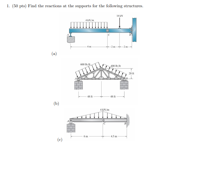 1 . ( 5 0 pts \ ( ) \ ) Find the reactions at the