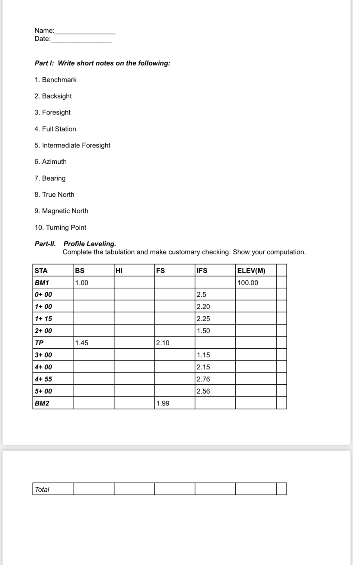 Name. Date: Part I: Write short notes on the