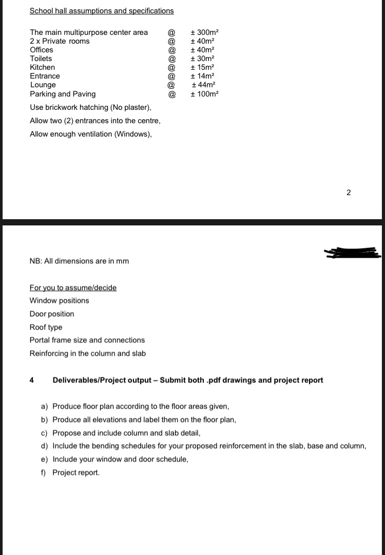 School hall assumptions and specifications
