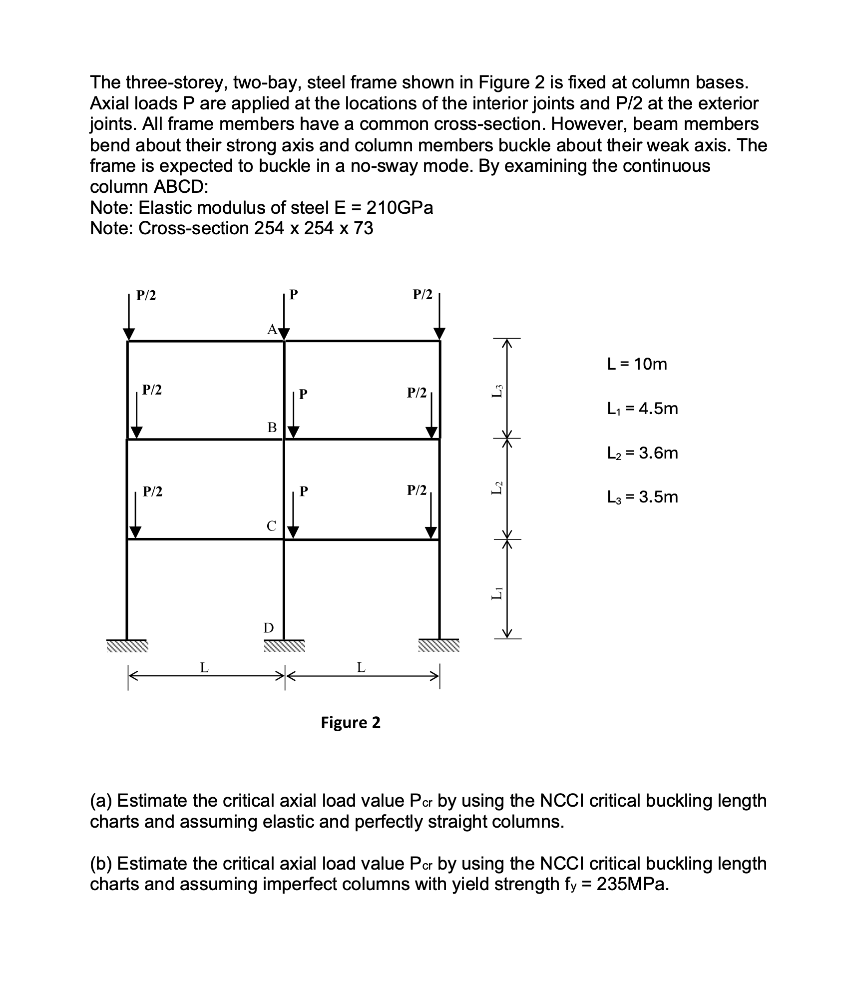 The three - storey, two - bay, steel frame shown