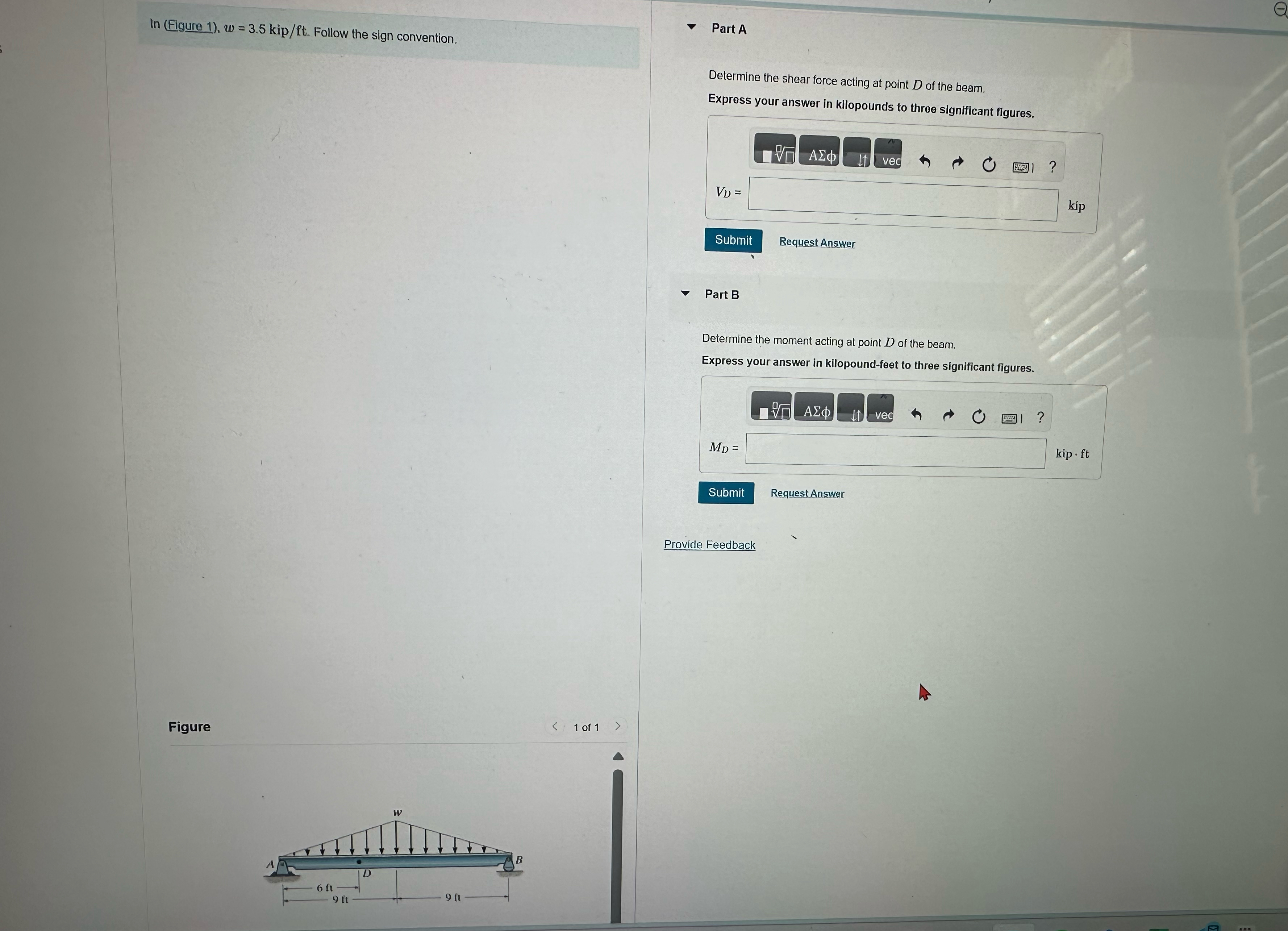 In ( Figure 1 ) , w = 3 . 5 k i p f t . Follow