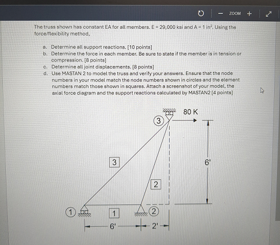 The truss shown has constant EA for all members.