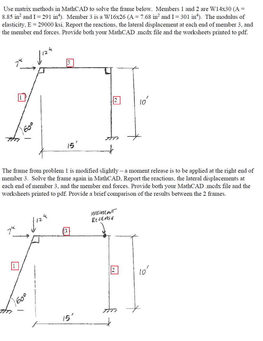 Use matrix methods in MathCAD to solve the frame