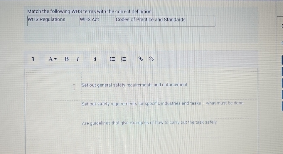 Match the following WHS terms with the correct