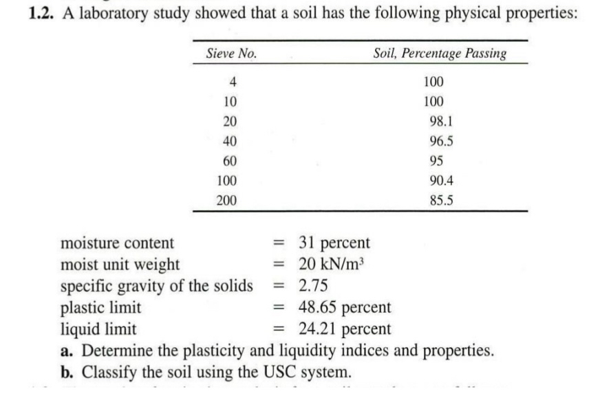 1 . 2 . A laboratory study showed that a soil has
