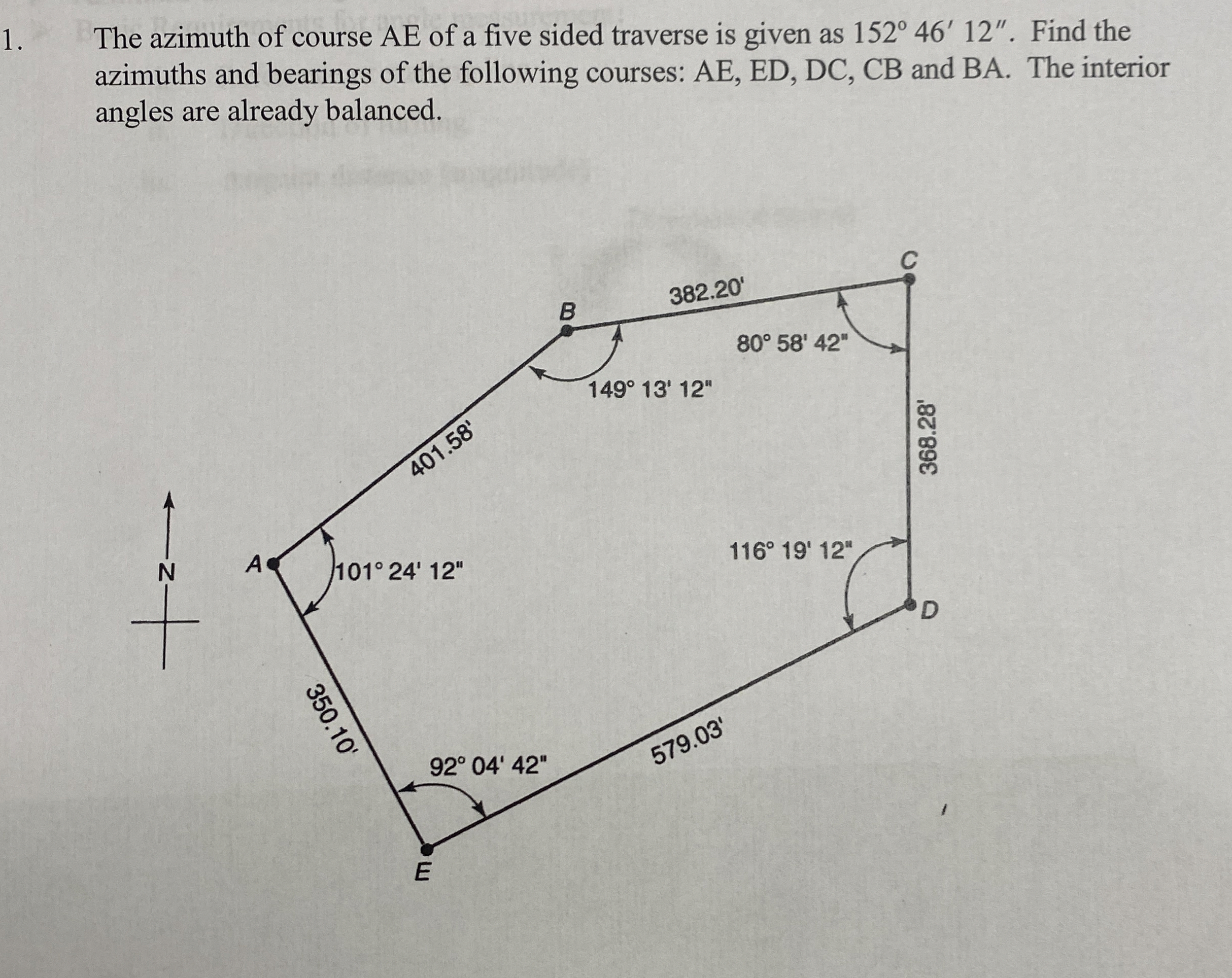 The azimuth of course AE of a five sided traverse