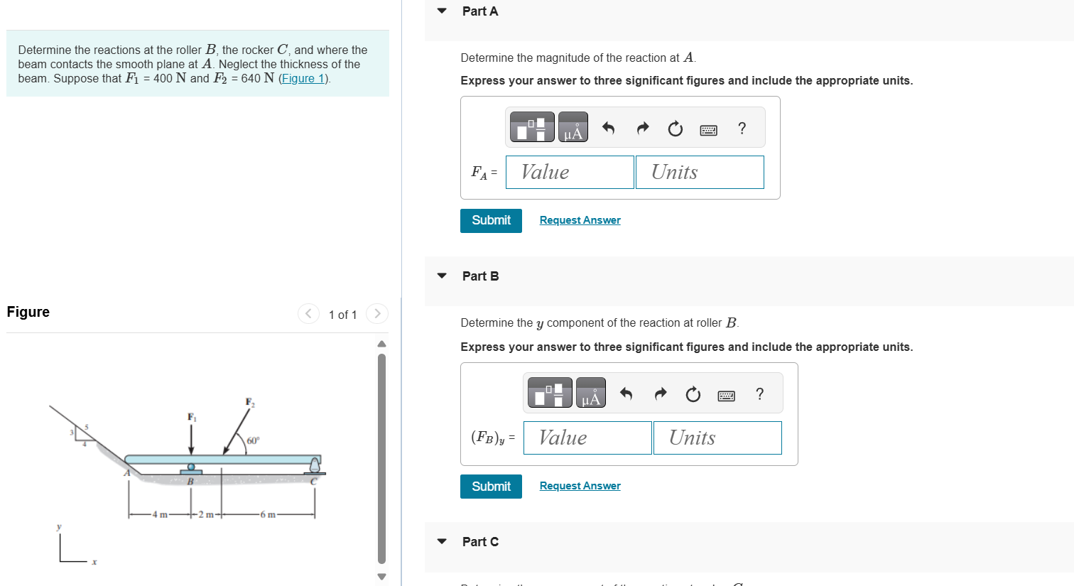 Part A Determine the reactions at the roller B ,