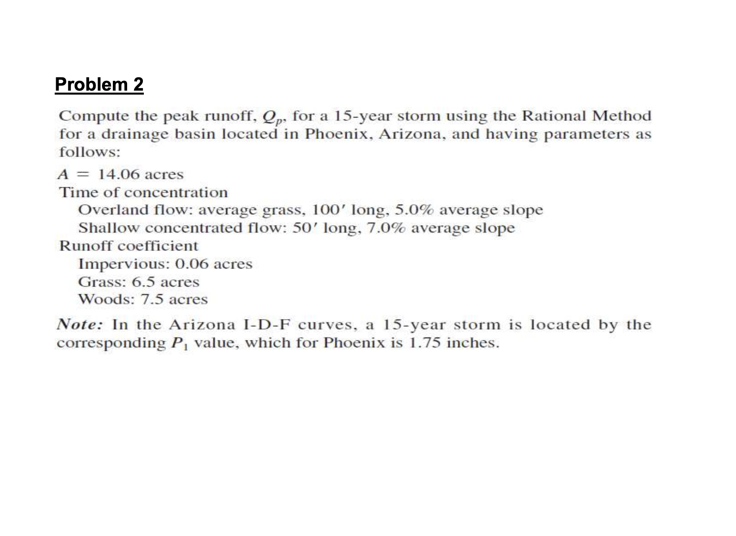 Problem 2 Compute the peak runoff, Q p , for a 1