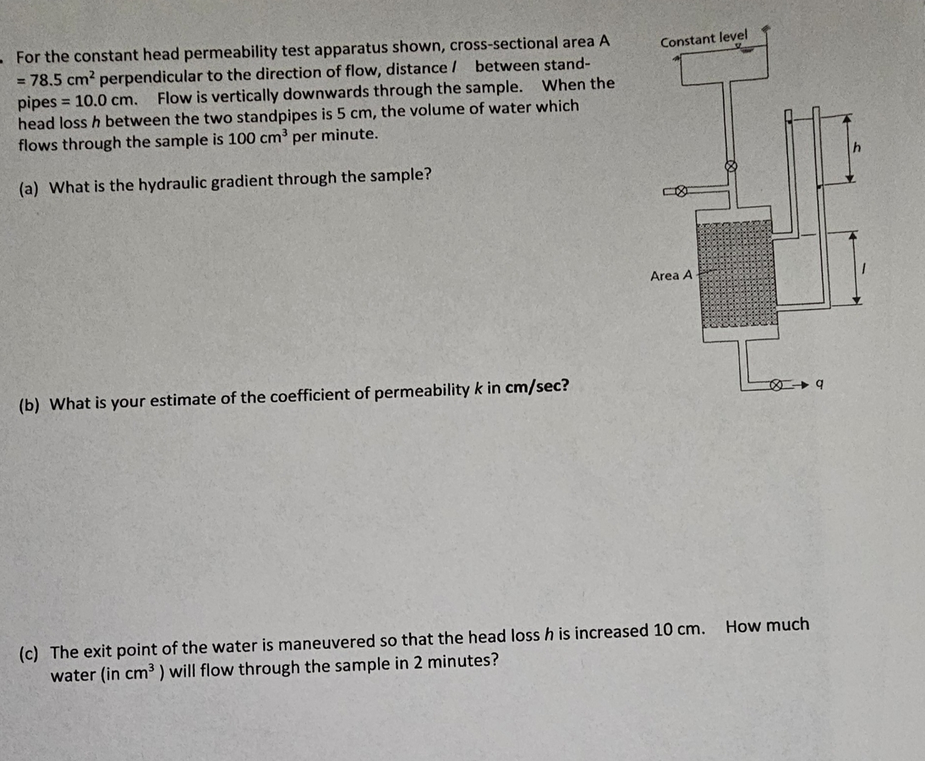 For the constant head permeability test apparatus