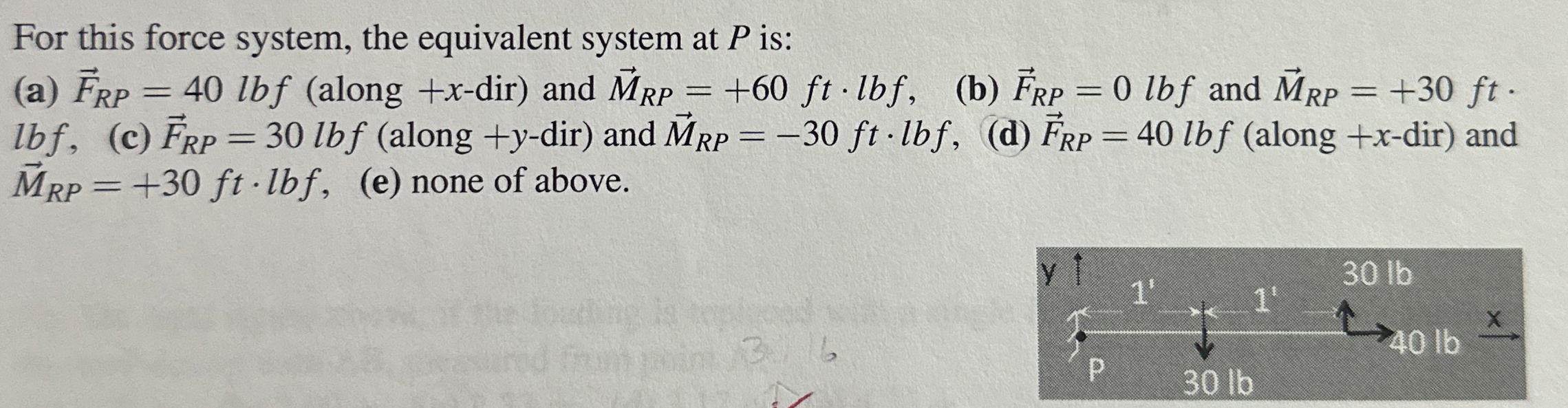 For this force system, the equivalent system at P