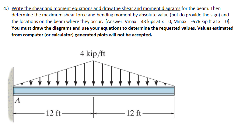 4 . ) Write the shear and moment equations and