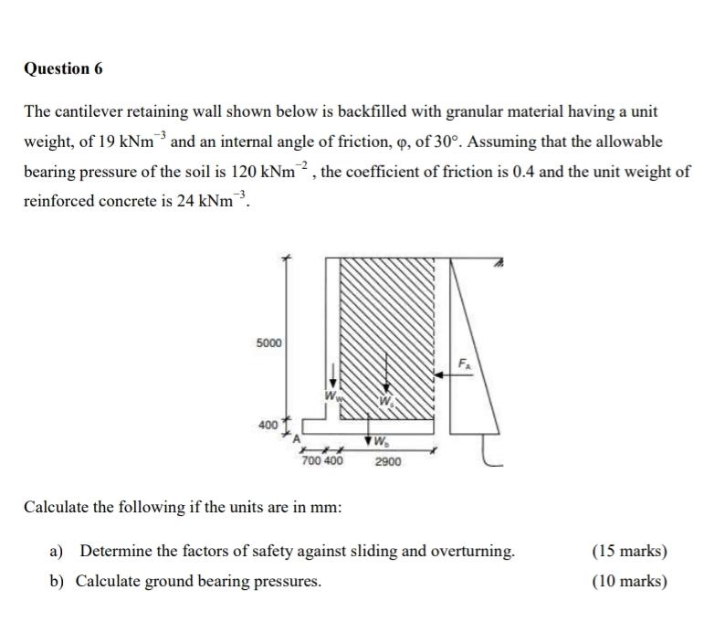 Question 6 The cantilever retaining wall shown