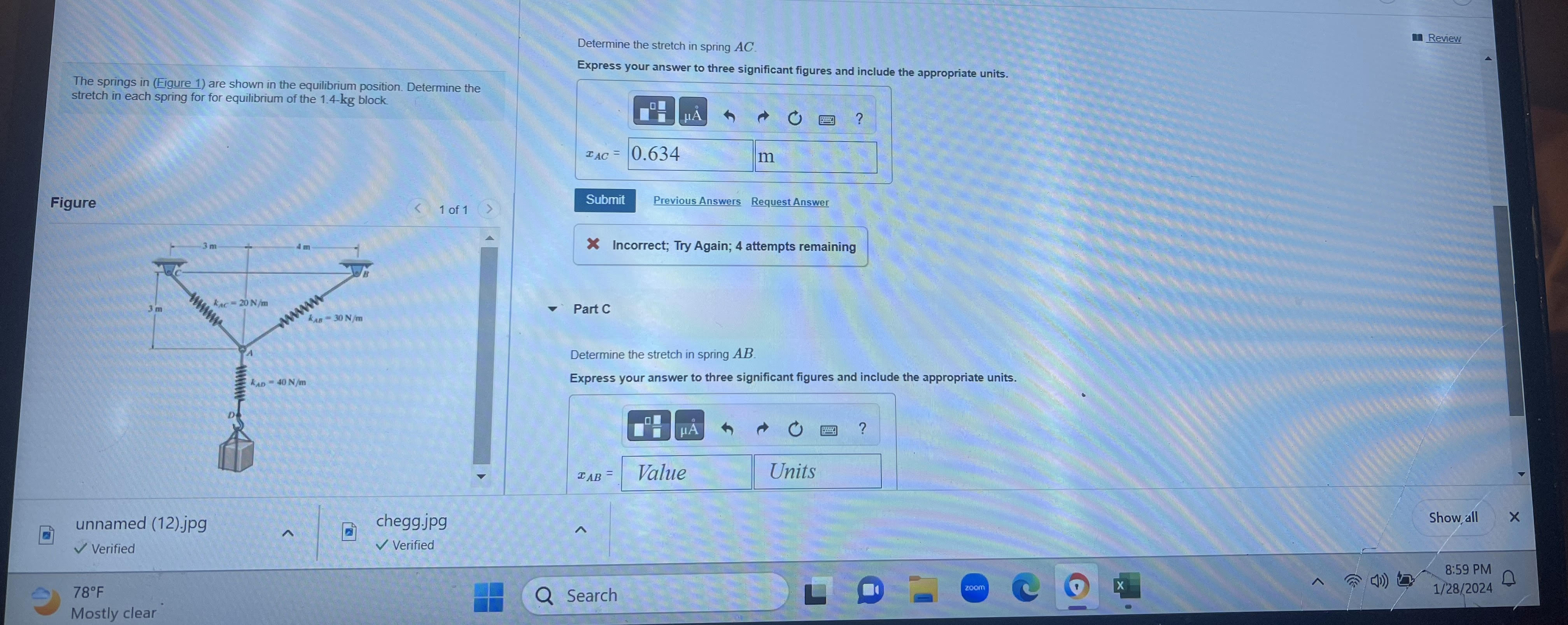 Determine the stretch in spring A C The springs