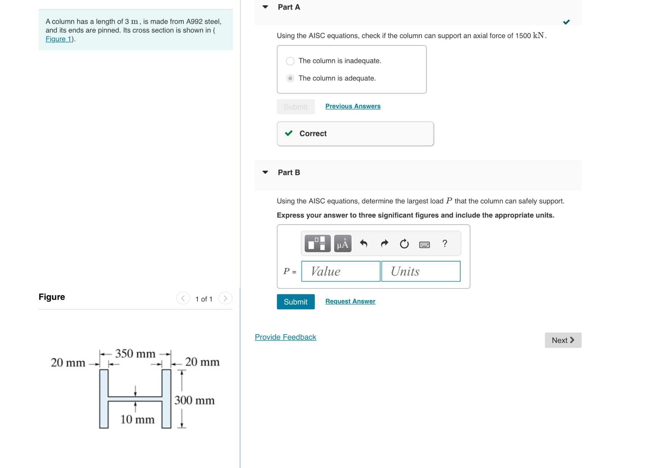 A column has a length of 3 m , is made from A 9 9