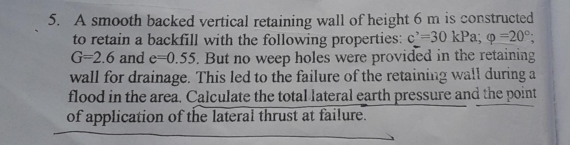 5. A smooth backed vertical retaining wall of