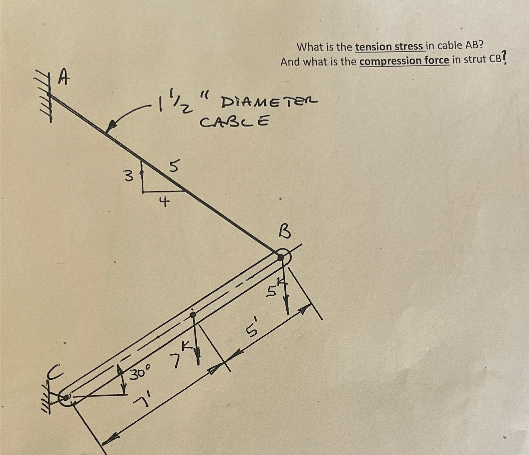 What is the tension stress in cable A B ? And