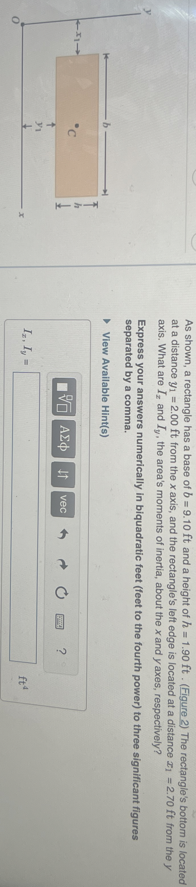 As shown, a rectangle has a base of b = 9 . 1 0 f