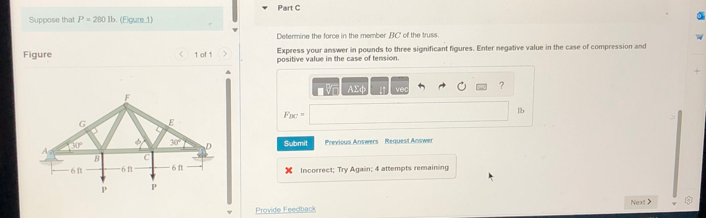 Part C Suppose that P = 2 8 0 l b . ( Figure 1 )