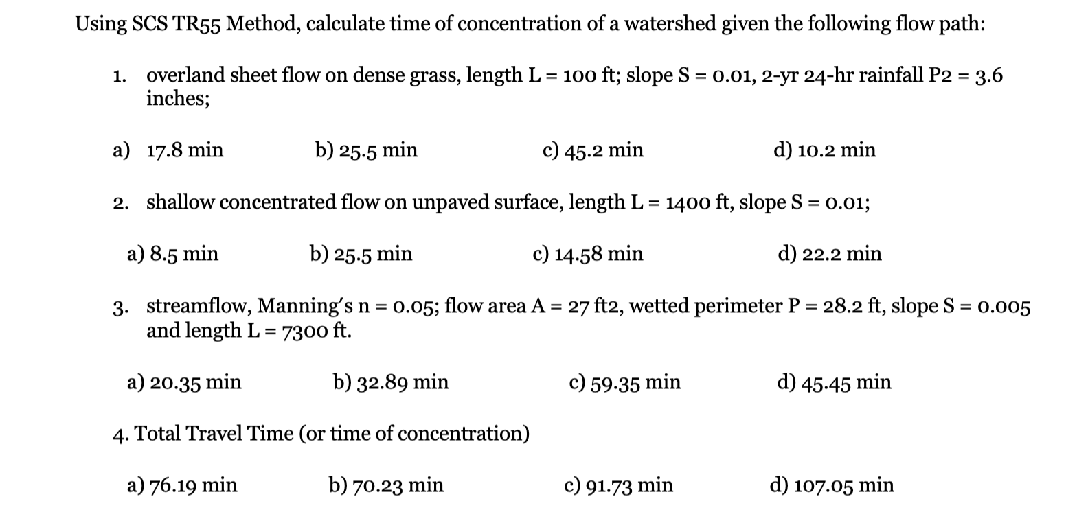 Using SCS TR 5 5 Method, calculate time of