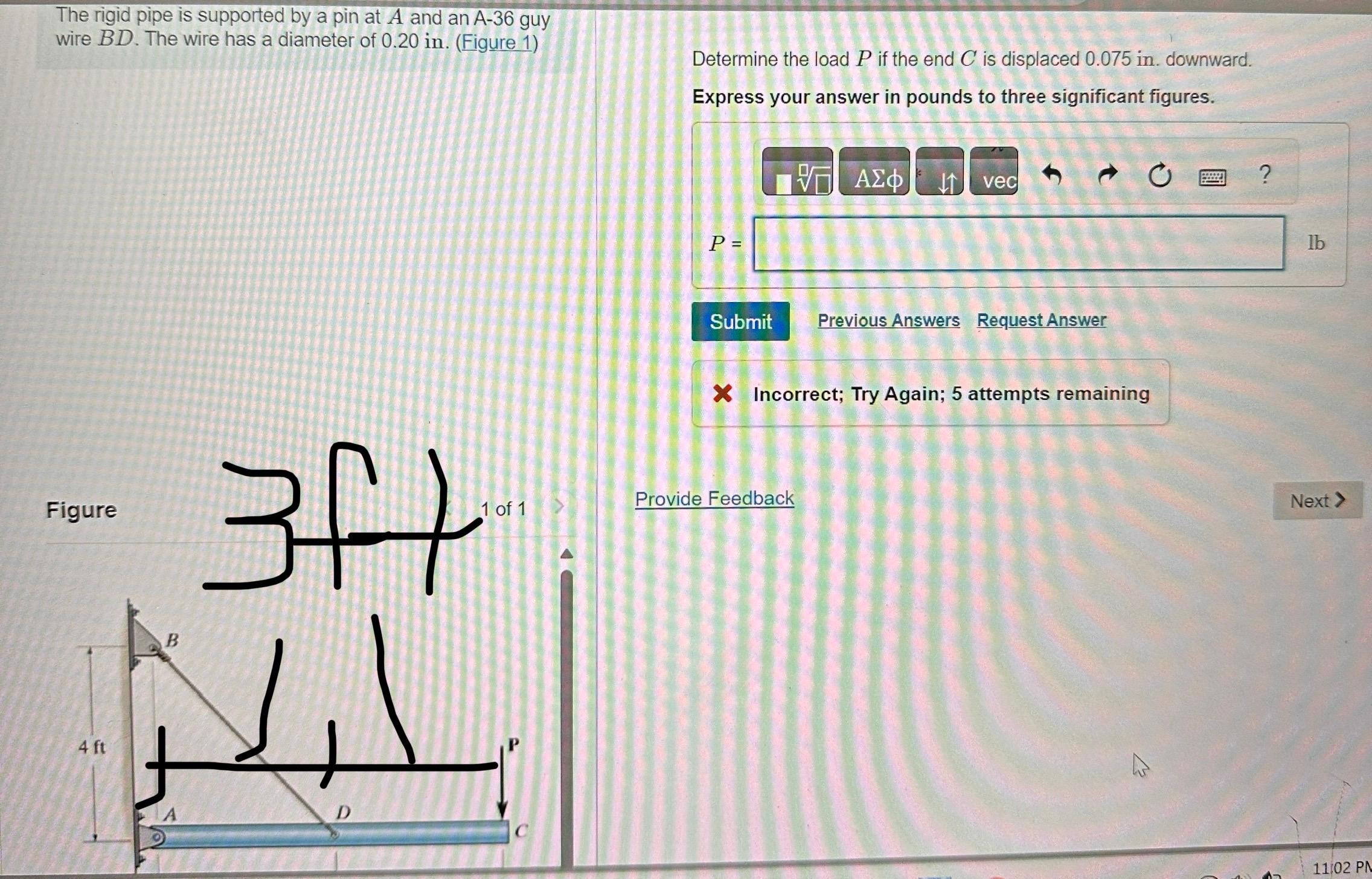 The rigid pipe is supported by a pin at A and an