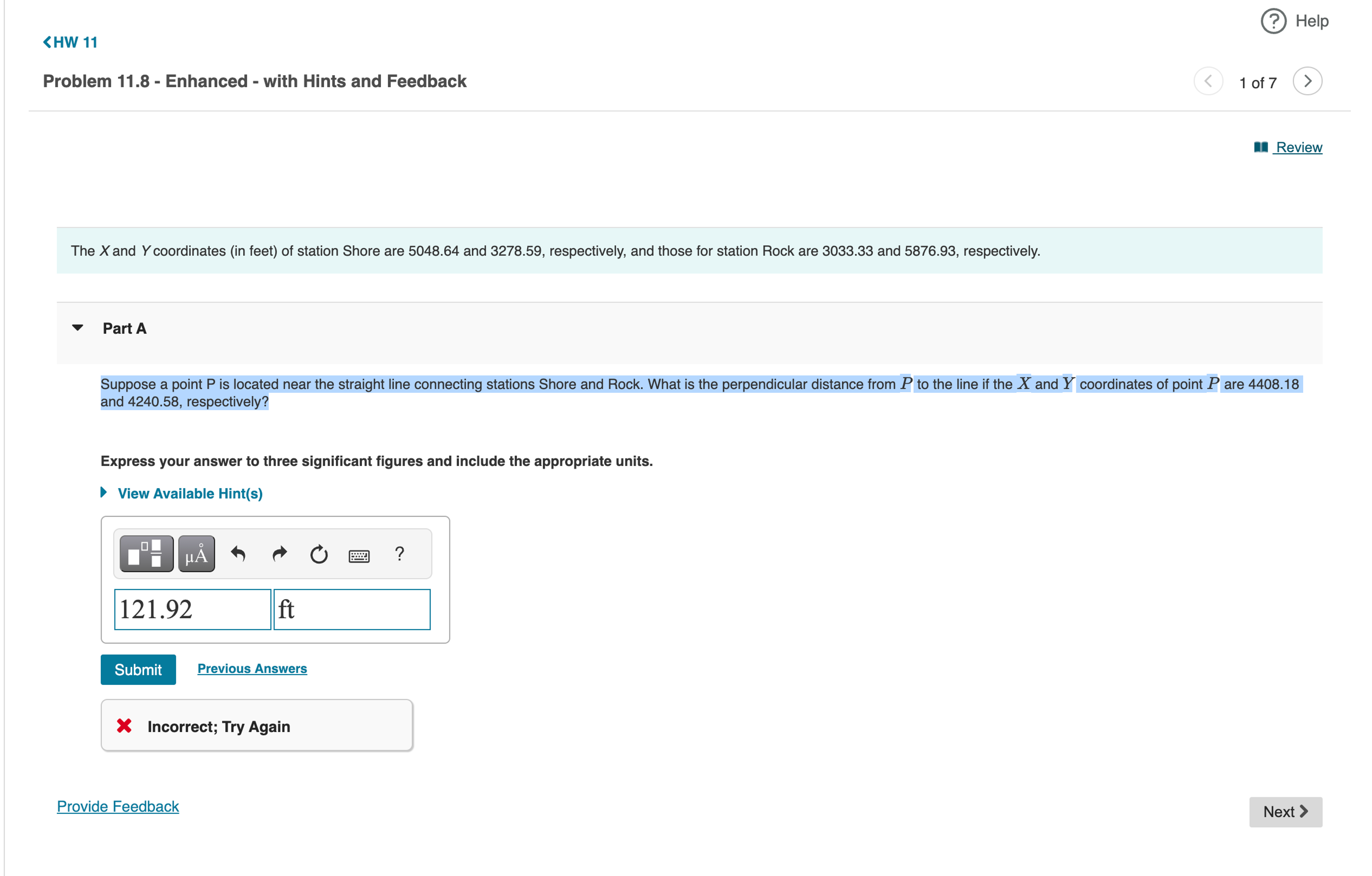 The x and Y coordinates ( in feet ) of station