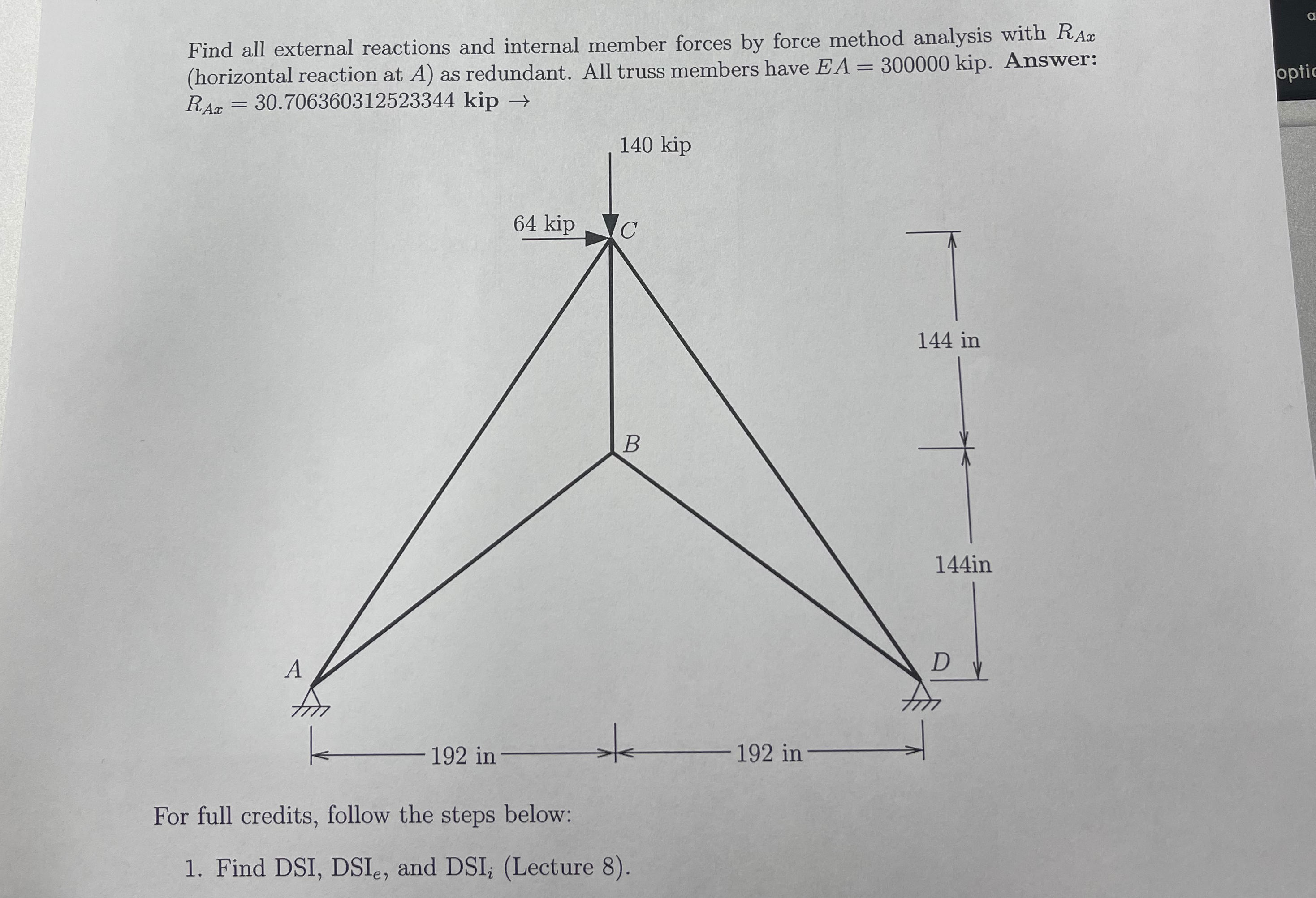 Find all external reactions and internal member
