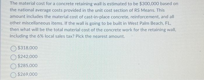The material cost for a concrete retaining wall