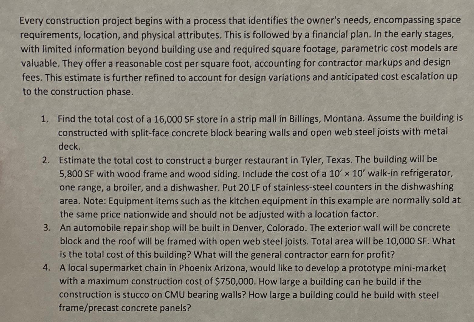 Use numbers from RSMeans cost data, student