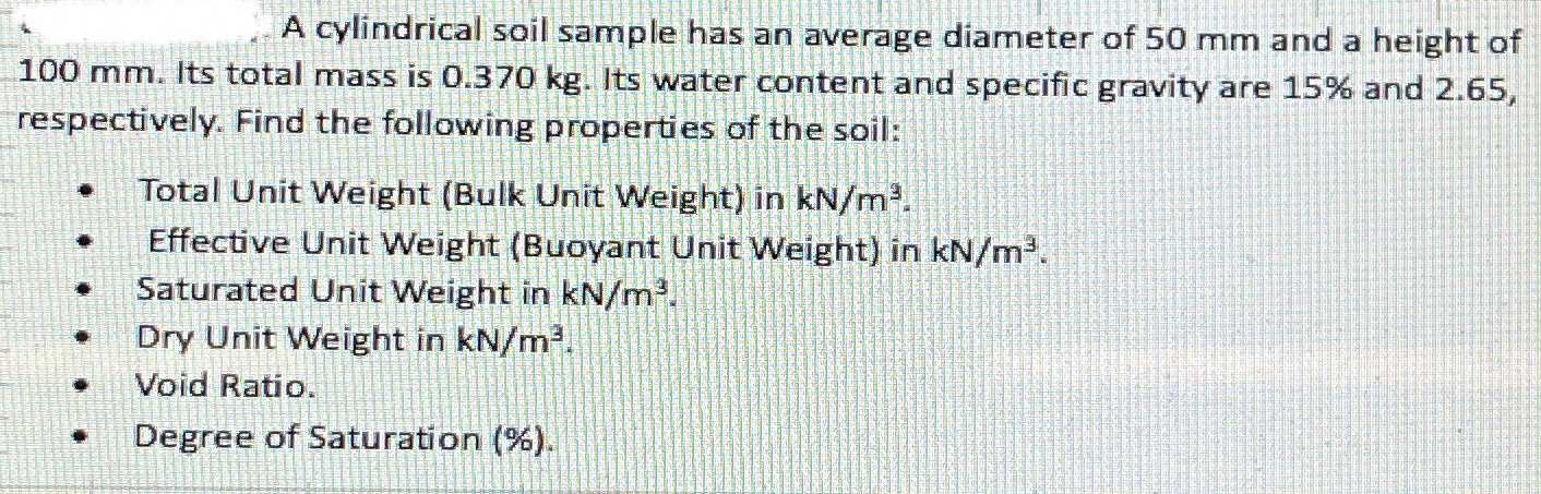 A cylindrical soil sample has an average diameter
