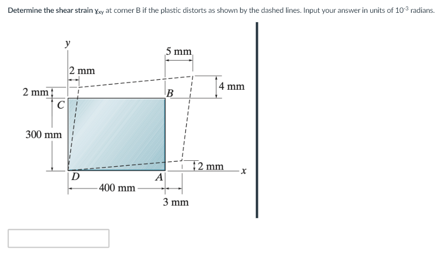 Determine the shear strain x y at corner B if the