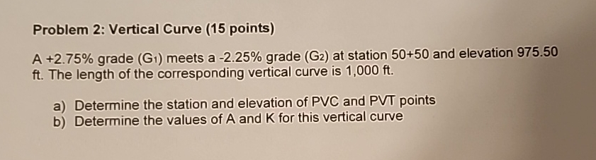 Problem 2 : Vertical Curve ( 1 5 points ) A + 2 .