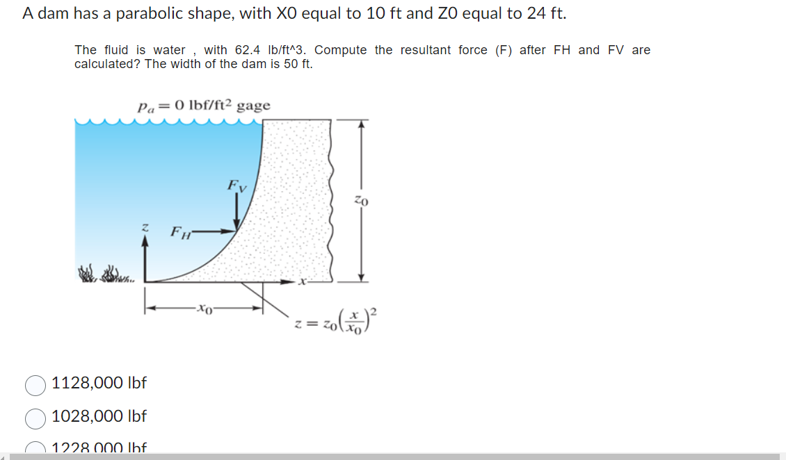 A dam has a parabolic shape, with x O equal to 1