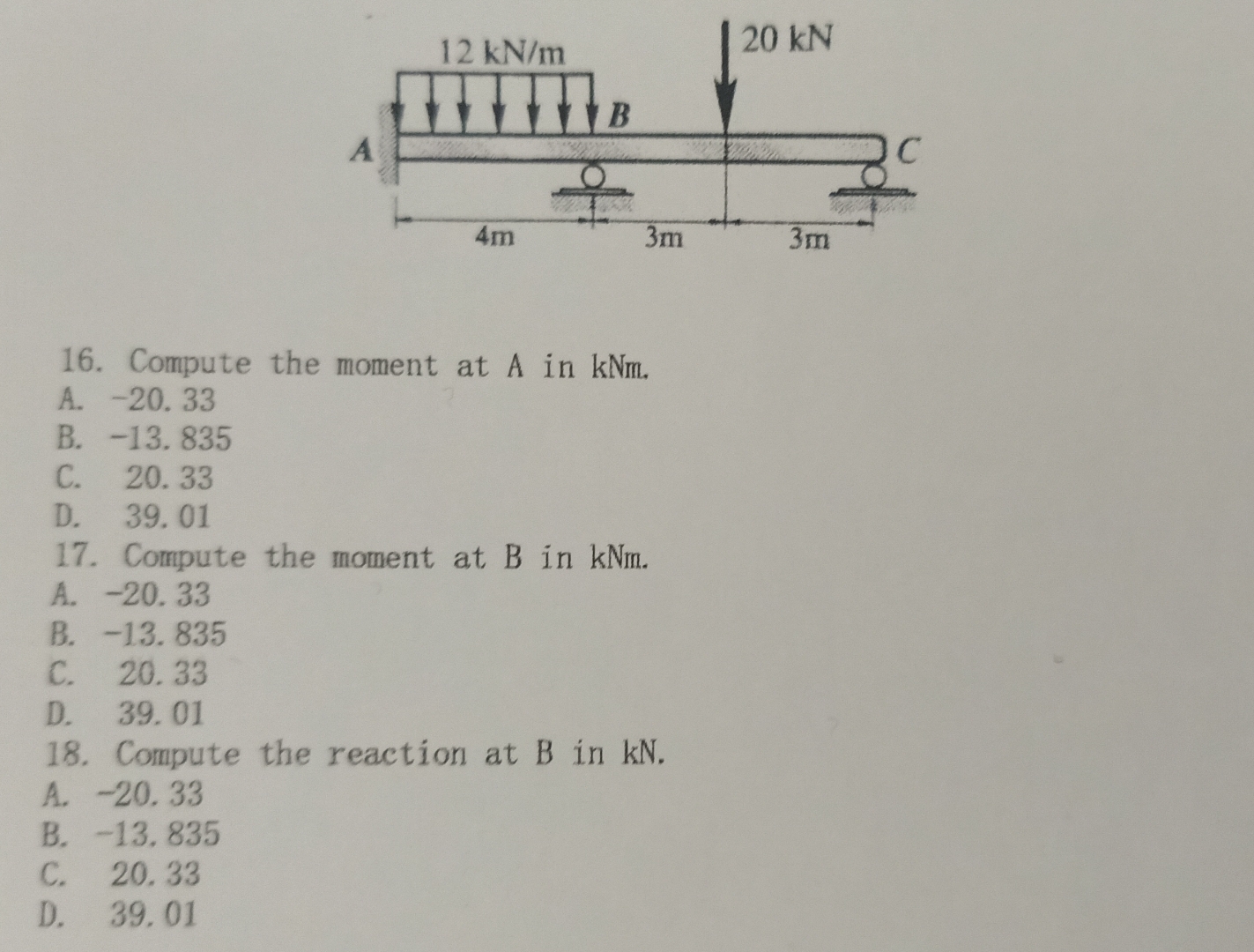 Compute the moment at A in kNm . A . - 2 0 . 3 3