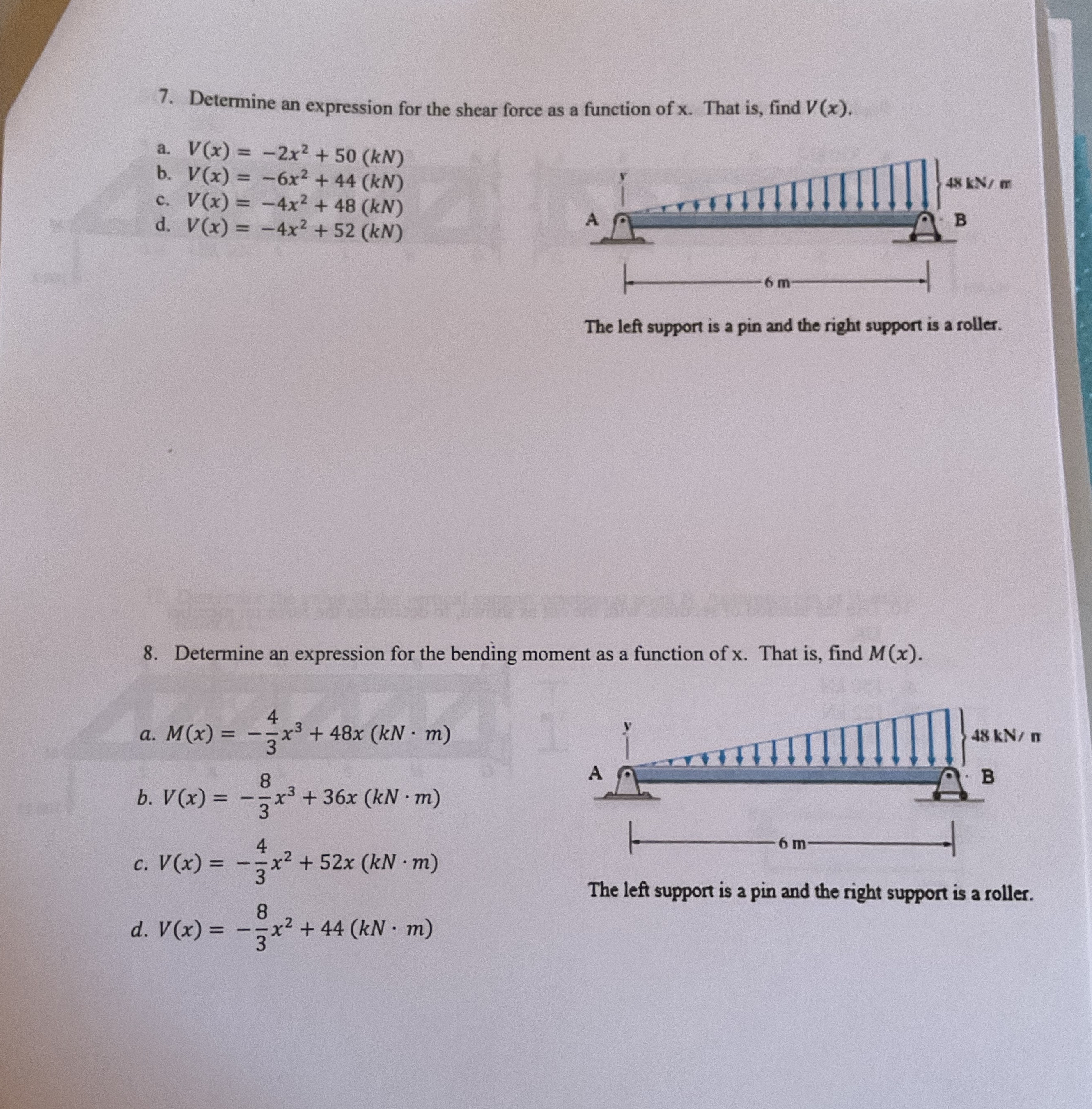 Determine an expression for the shear force as a