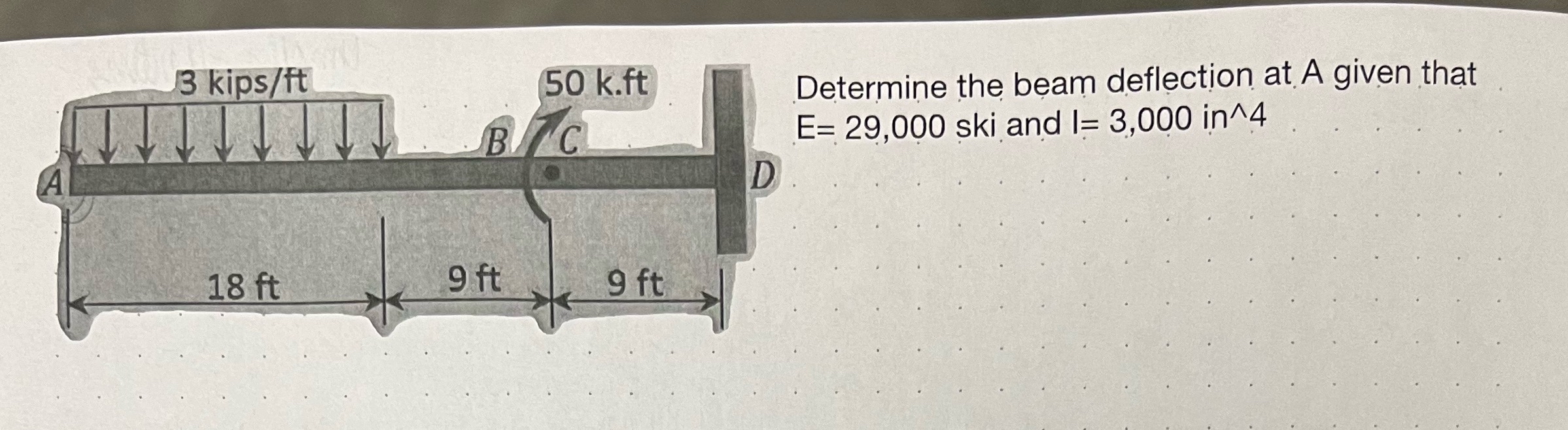 Determine the beam deflection at A given that E =