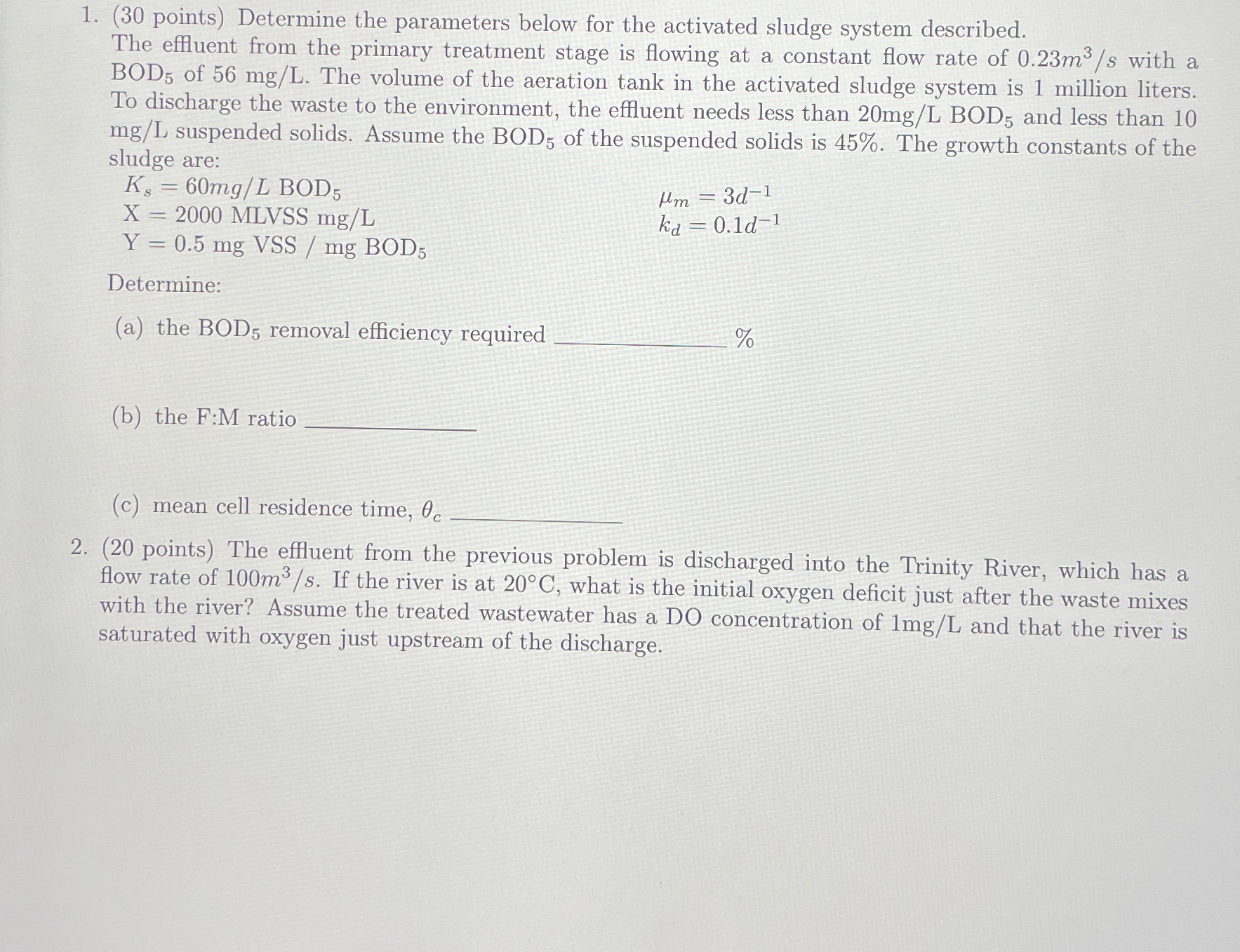 ( 3 0 points ) Determine the parameters below for