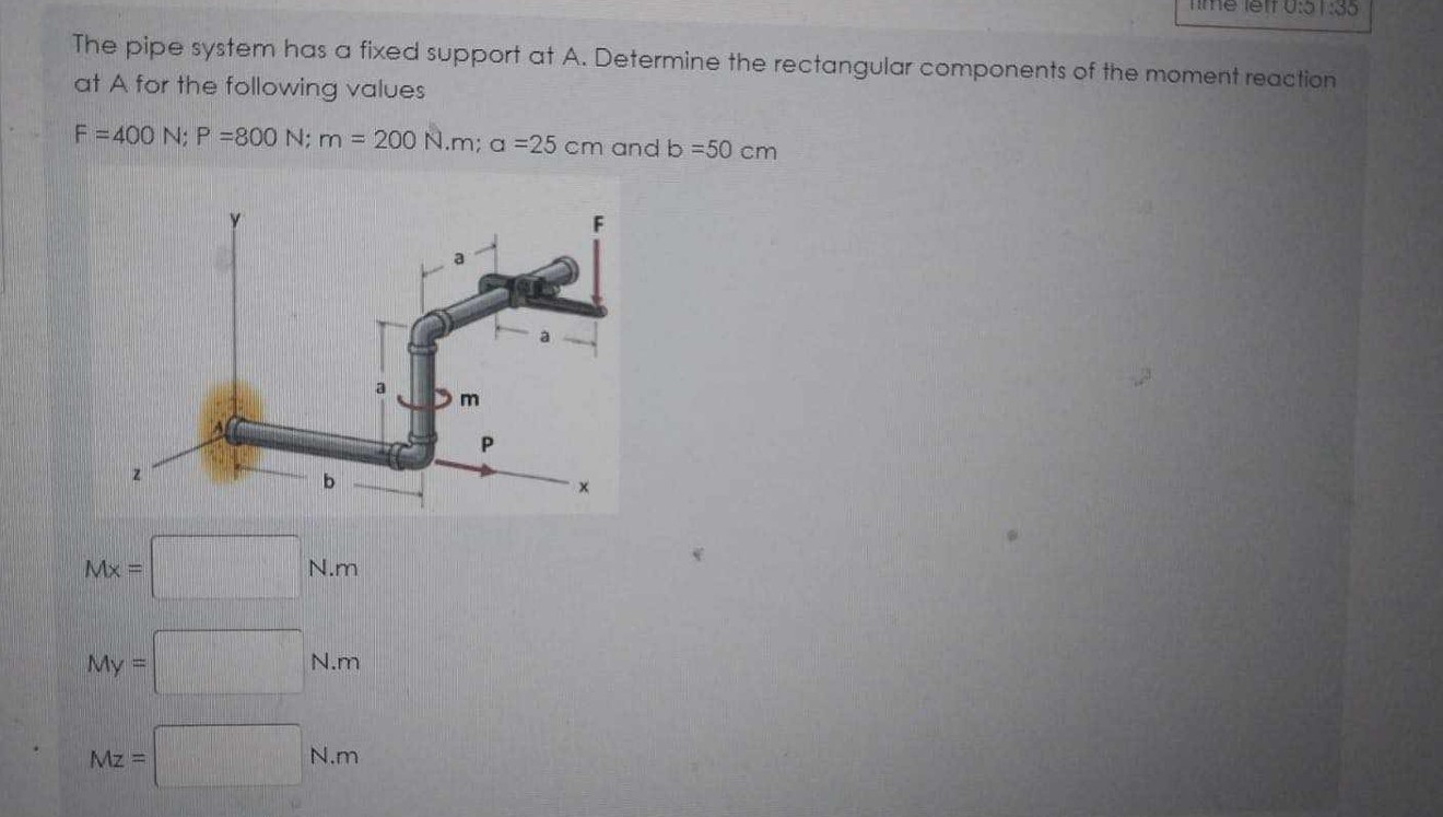 The pipe system has a fixed support at A .