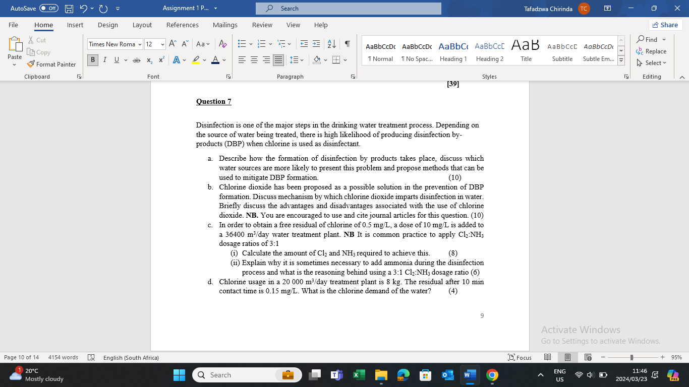 Question 7 Disinfection is one of the major steps