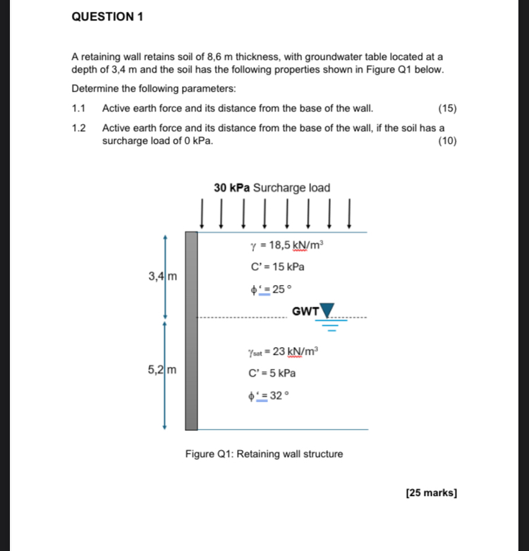 QUESTION 1 A retaining wall retains soil of 8 , 6