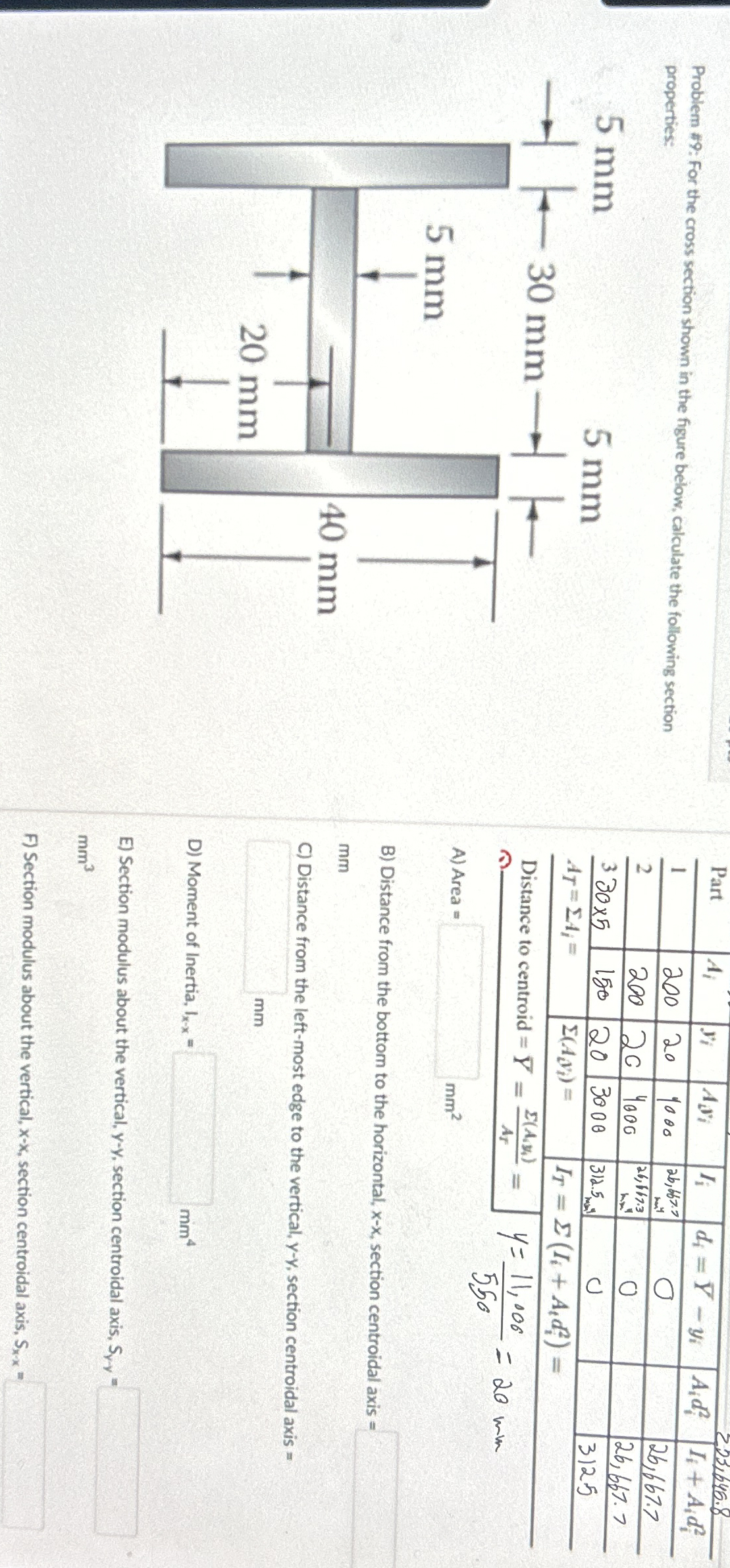 Problem # 9 : For the cross section shown in the