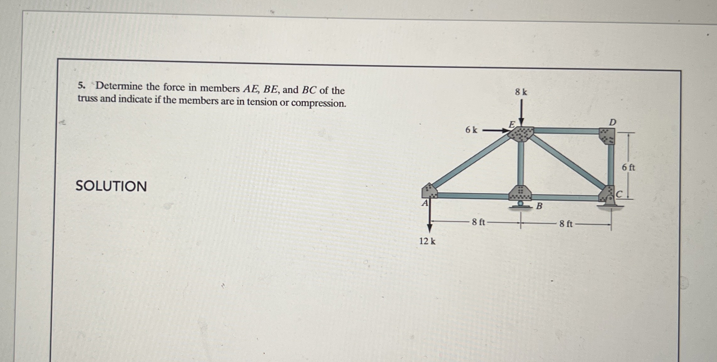 Determine the force in members A E , B E , and B