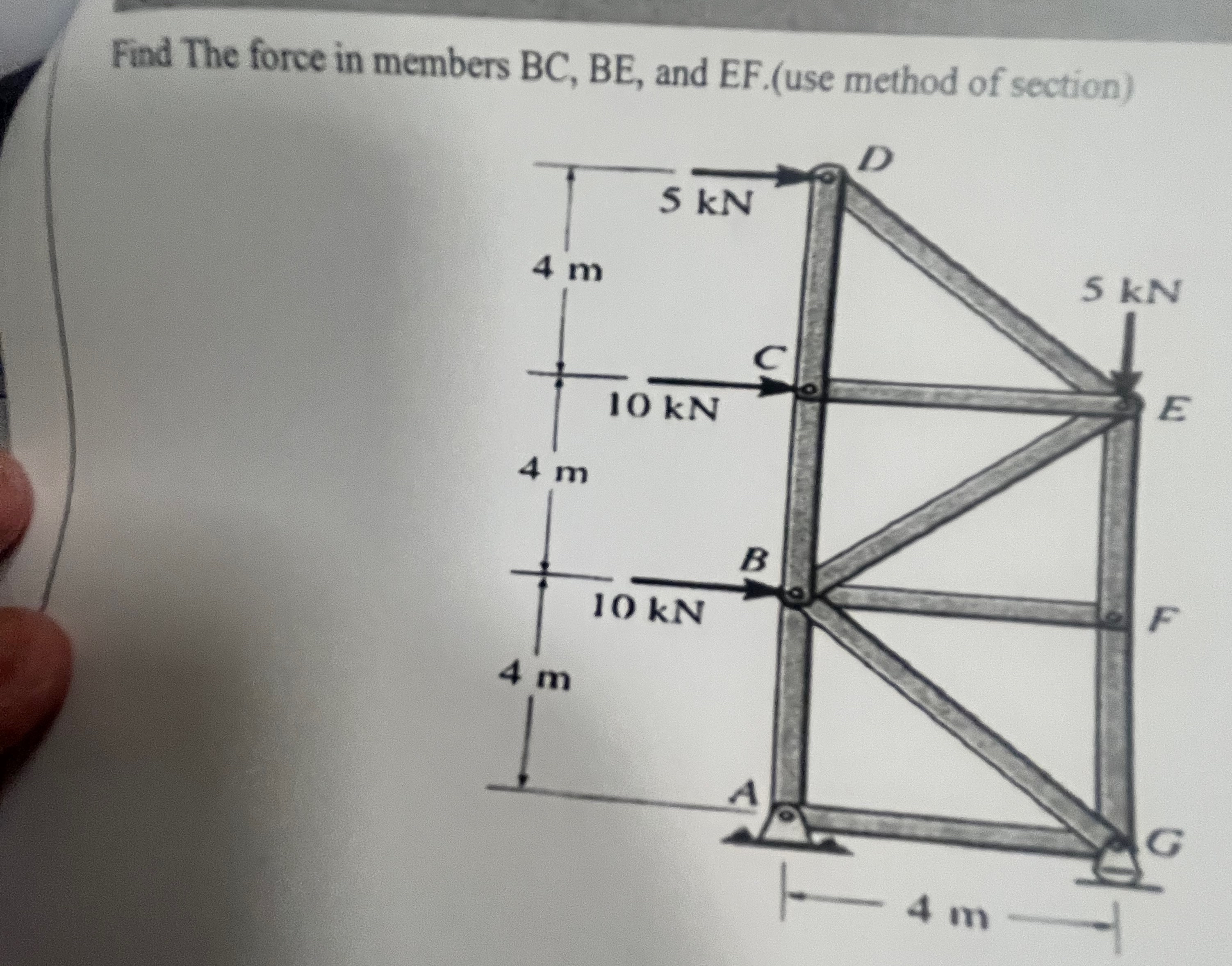 Find The force in members BC , BE , and EF . (