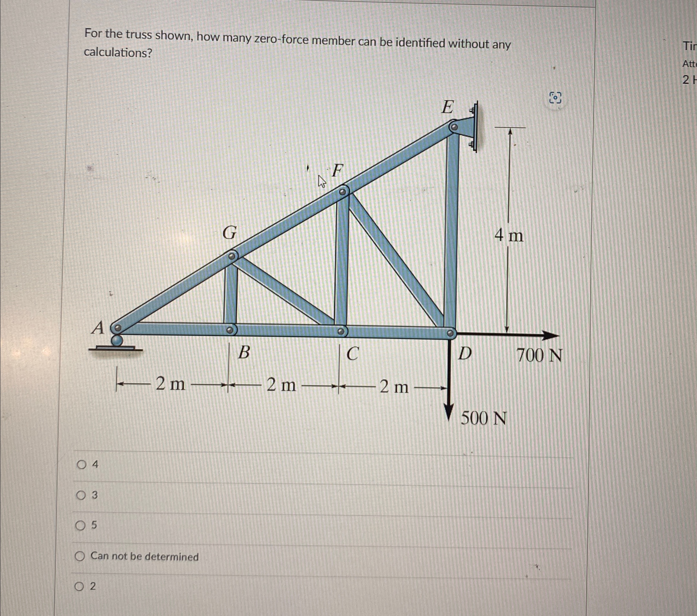 For the truss shown, how many zero - force member